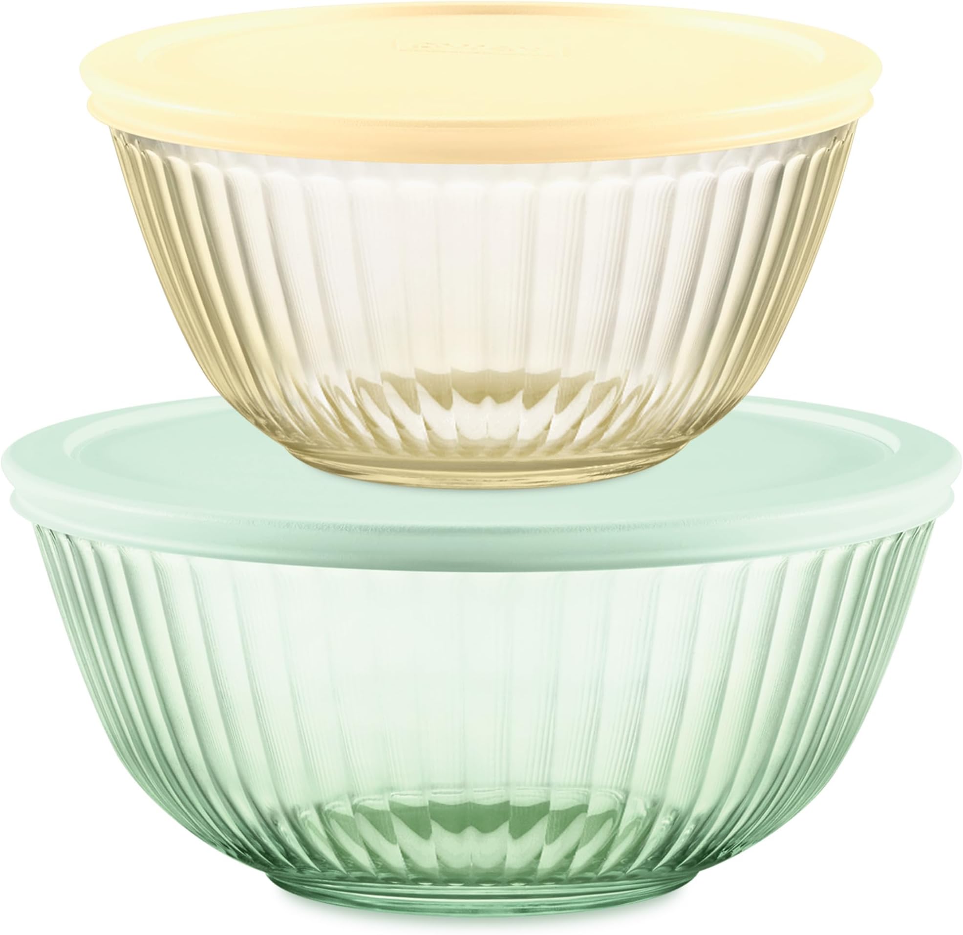 Colors (2-Pack) Sculpted Tinted Small/Medium Glass Mixing Bowls with Lids, Nesting Space Saving Set of Bowls for Prepping and Baking, 1.3QT & 2.3QT