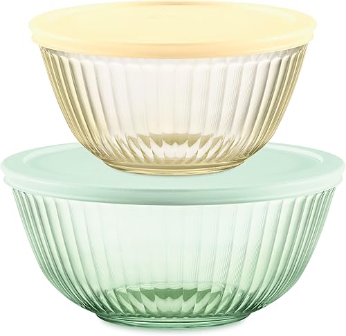 Pyrex Colors - Paquete de 2 recipientes de vidrio tallado de color para mezclar con tapa, pequeño/mediano, apilables para ahorrar espacio, preparar