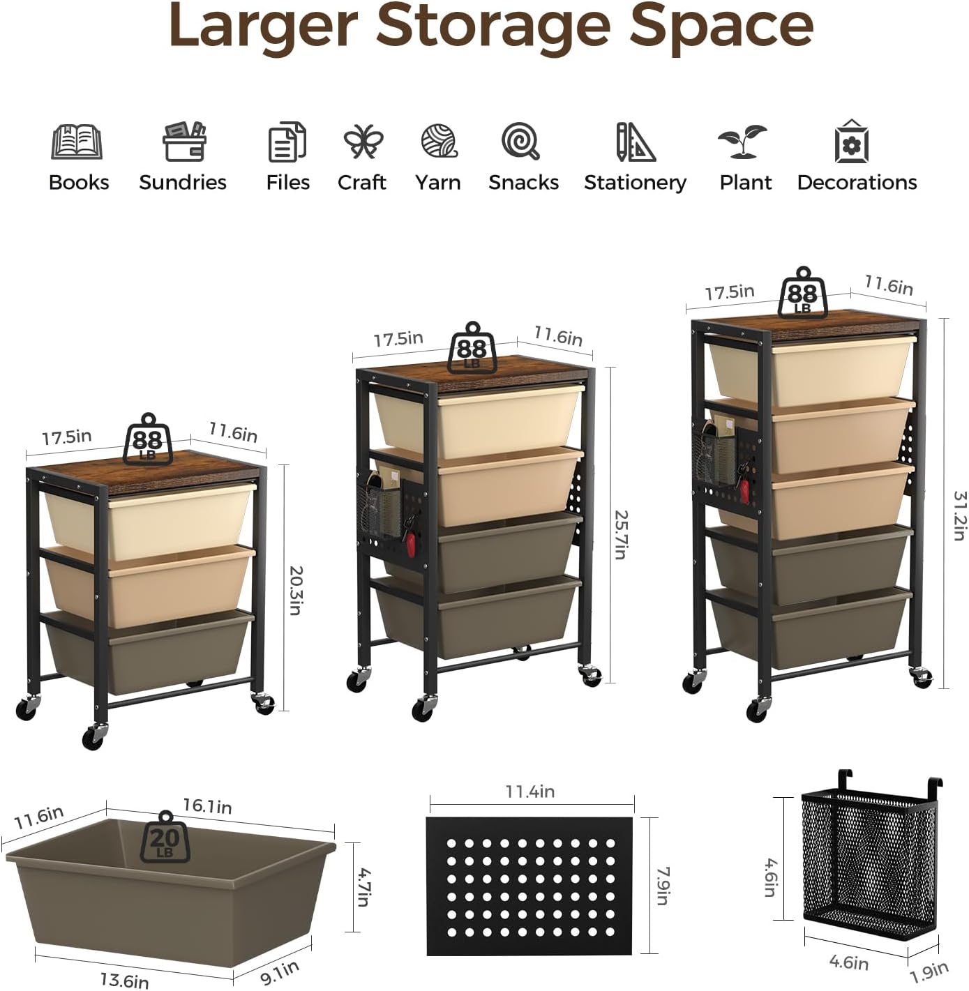 Rolling Cart with 3 Drawers, Plastic Drawer Storage Carts with Lockable Wheels & Wooden Tabletop, Metal Utility Cart Organizer, Office Bedroom Classroom Craft Organization and Storage, Dark Brown thumbnail