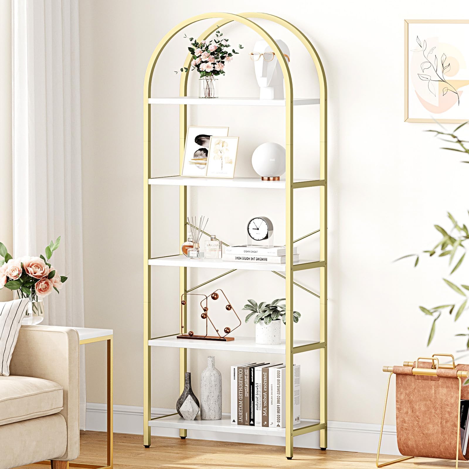 IDEALHOUSE Bookshelf 5 Tier Bookcase Arched Display Racks Tall Standing Bookshelves Metal Frame Modern Storage Rack Shelf Large Wood Book Shelf for Bedroom, Living Room, Home Office, White/Gold
