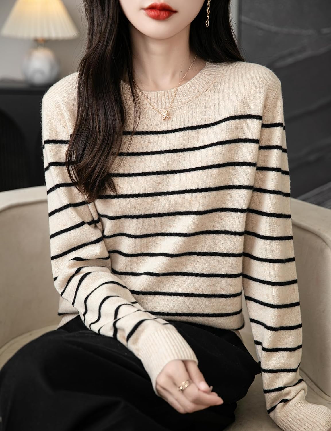 Chanyarn Women's 100% Merino Wool Sweater 2025 Fall Winter Crew Neck Striped Long Sleeve Warm Soft Knit Sweater - Image 2