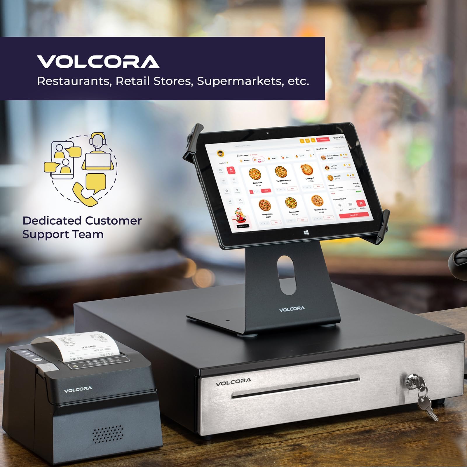 Volcora Tiroir de caisse enregistreuse pour système de point de vente (POS) de 40,6 cm, plateau amovible en acier inoxydable, 5 billets/7 pièces, 24 V, serrure à clé RJ11/RJ12, fente multimédia