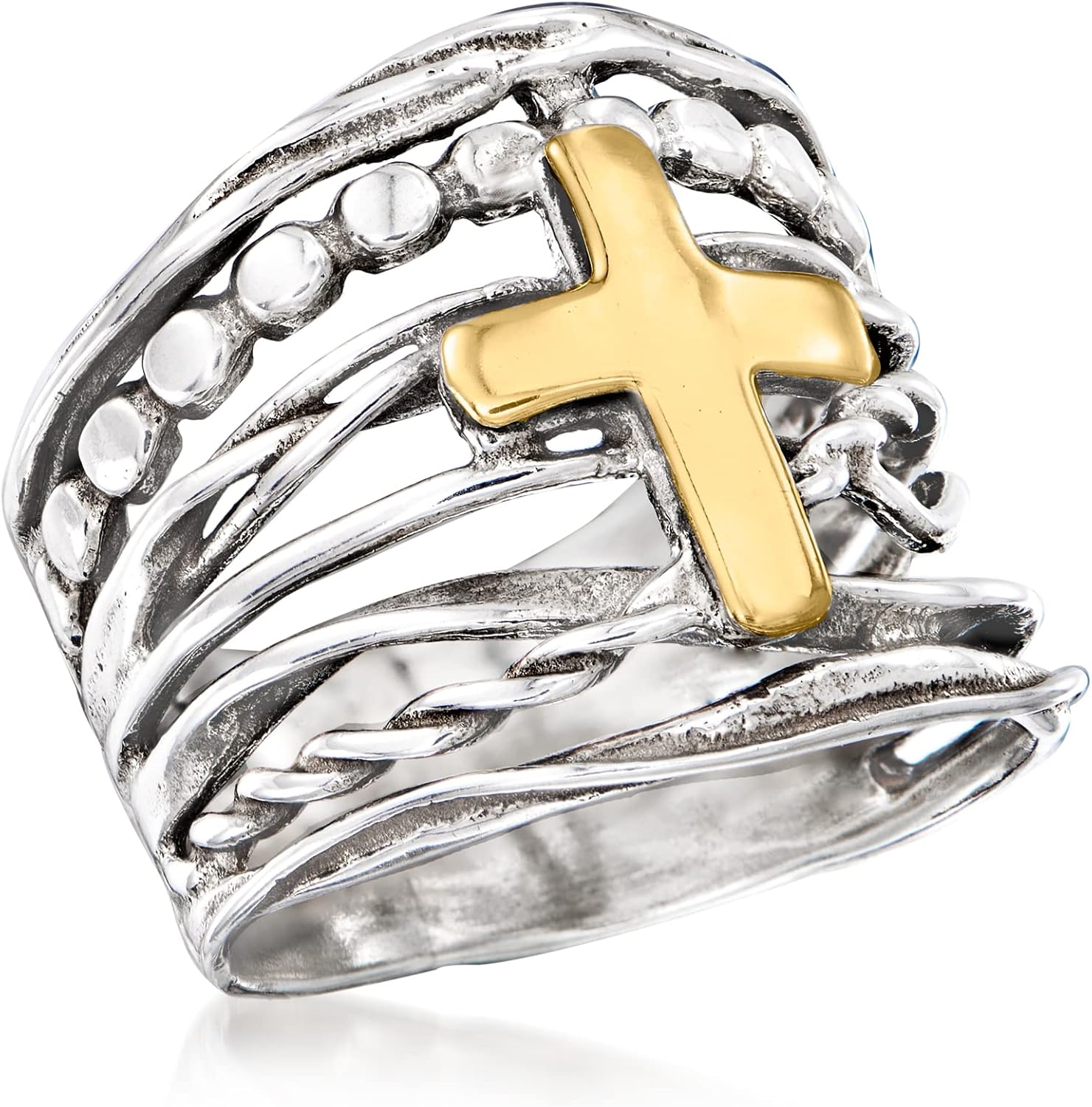 Ross-Simons Sterling Silver and 14kt Yellow Gold Multi-Row Cross Ring