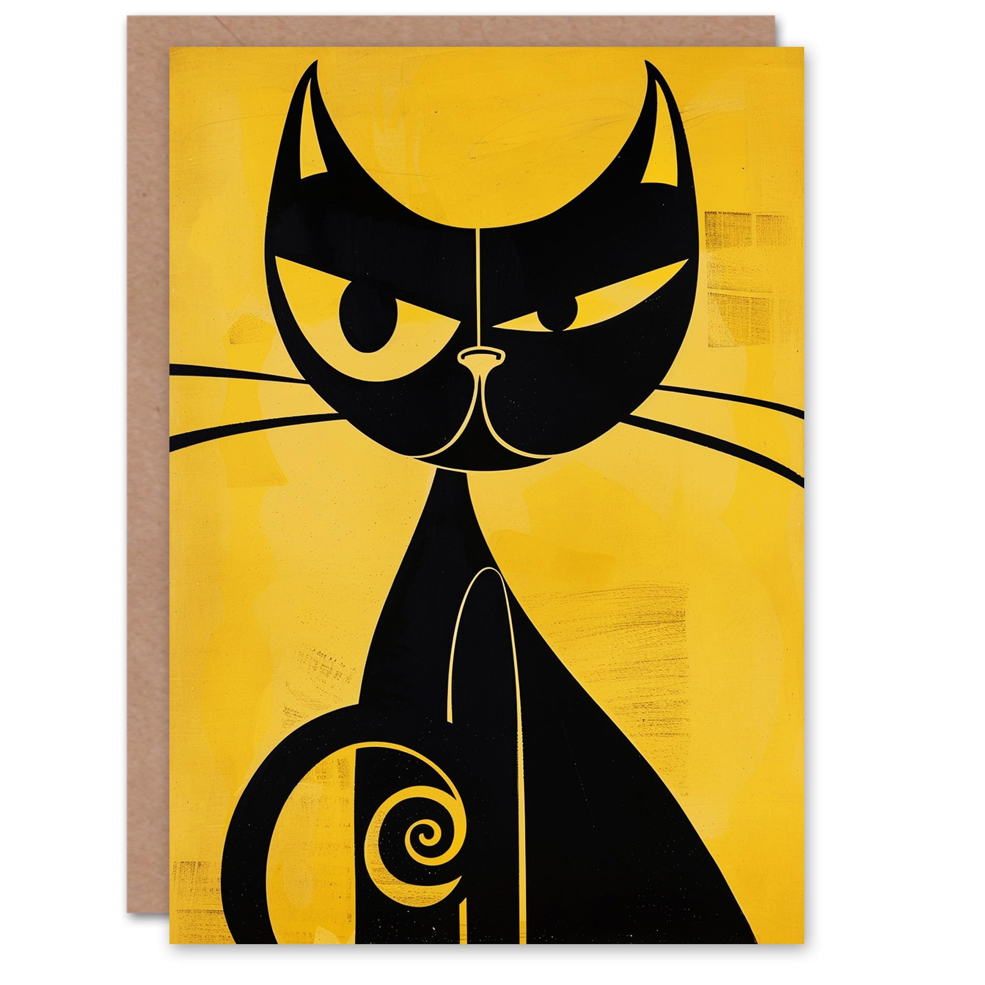 Artery8 Cat Lover Yellow Black Mid Century Modern Design Blank For Him Or Her Art Birthday Card