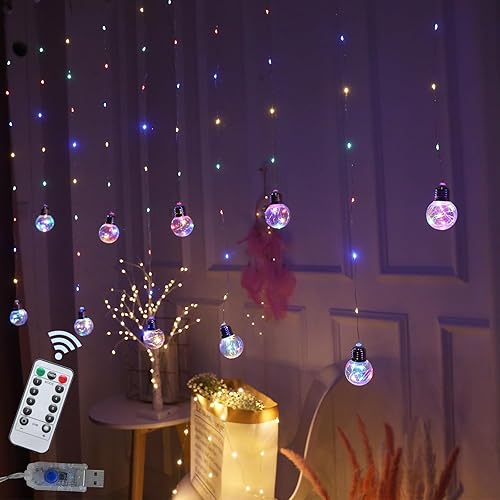 Miniatura 1 de Cortina Obrecis de luces con forma de bola de deseos luces estrelladas parpadeantes 8 modos de control remoto USB tira de luces de cortina para