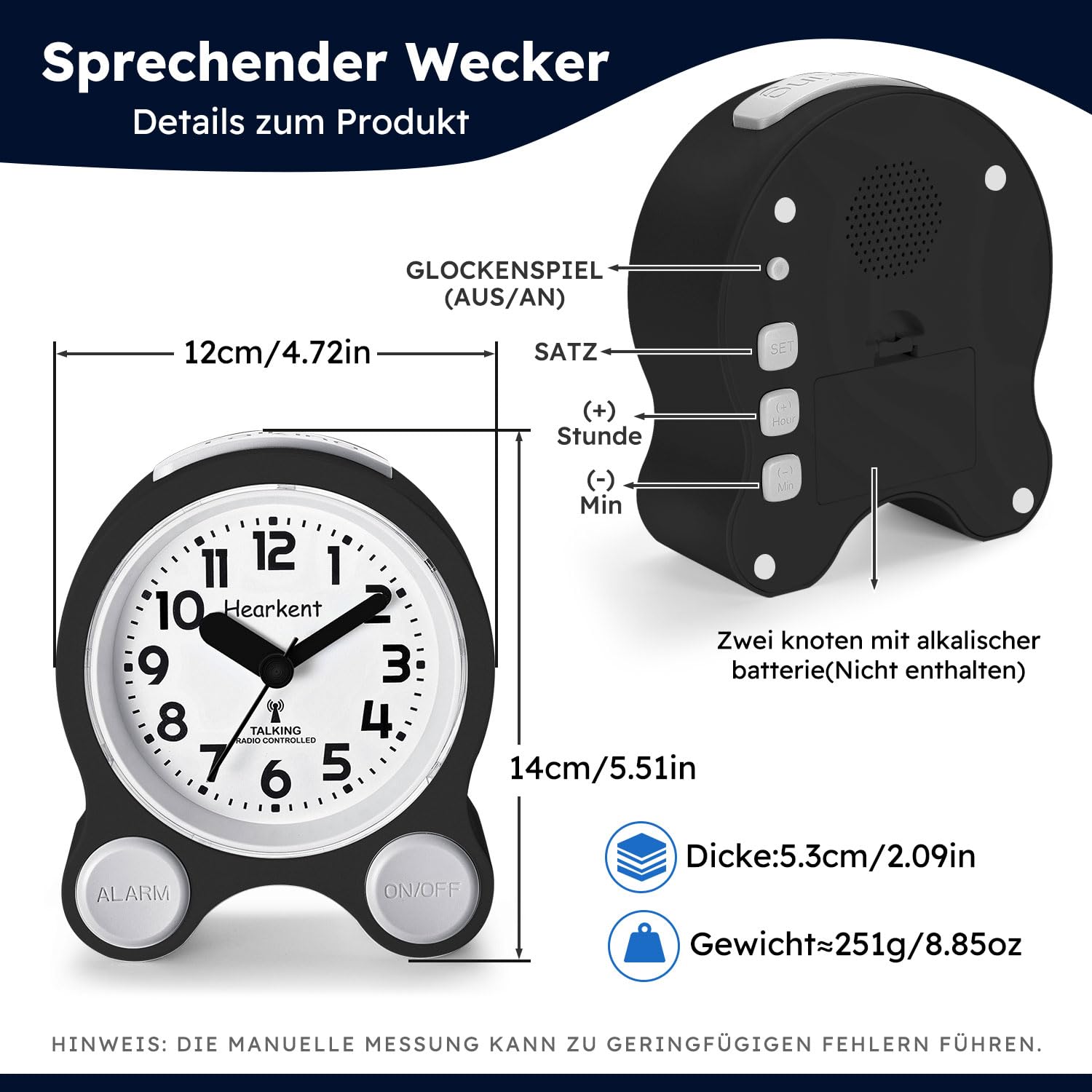Hearkent Sprechende Wecker,Funk-Sprechuhr mit Deutscher Stimme-2218 Schwarz | Hintergrundbeleuchtung und 5 separaten Alarmsätzen,Ideal für Senioren,Blinde,Demenzkranke und sehbehinderte