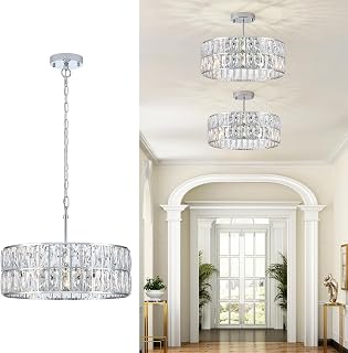 CATINER Chrome Crystal Chandelier 18" 6-Light Modern Semi Flush Pendant