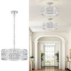 Modern Crystal Chandelier 18 Chrome Semi Flush Mount Ceiling Light Fixtures 6-Lights Drum Crystal Pendant Lighting for Dining