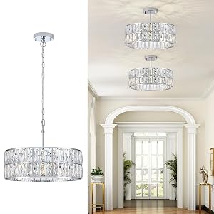 Modern Crystal Chandelier 18 Chrome Semi Flush Mount Ceiling Light Fixtures 6-Lights Drum Crystal Pendant Lighting for Dining
