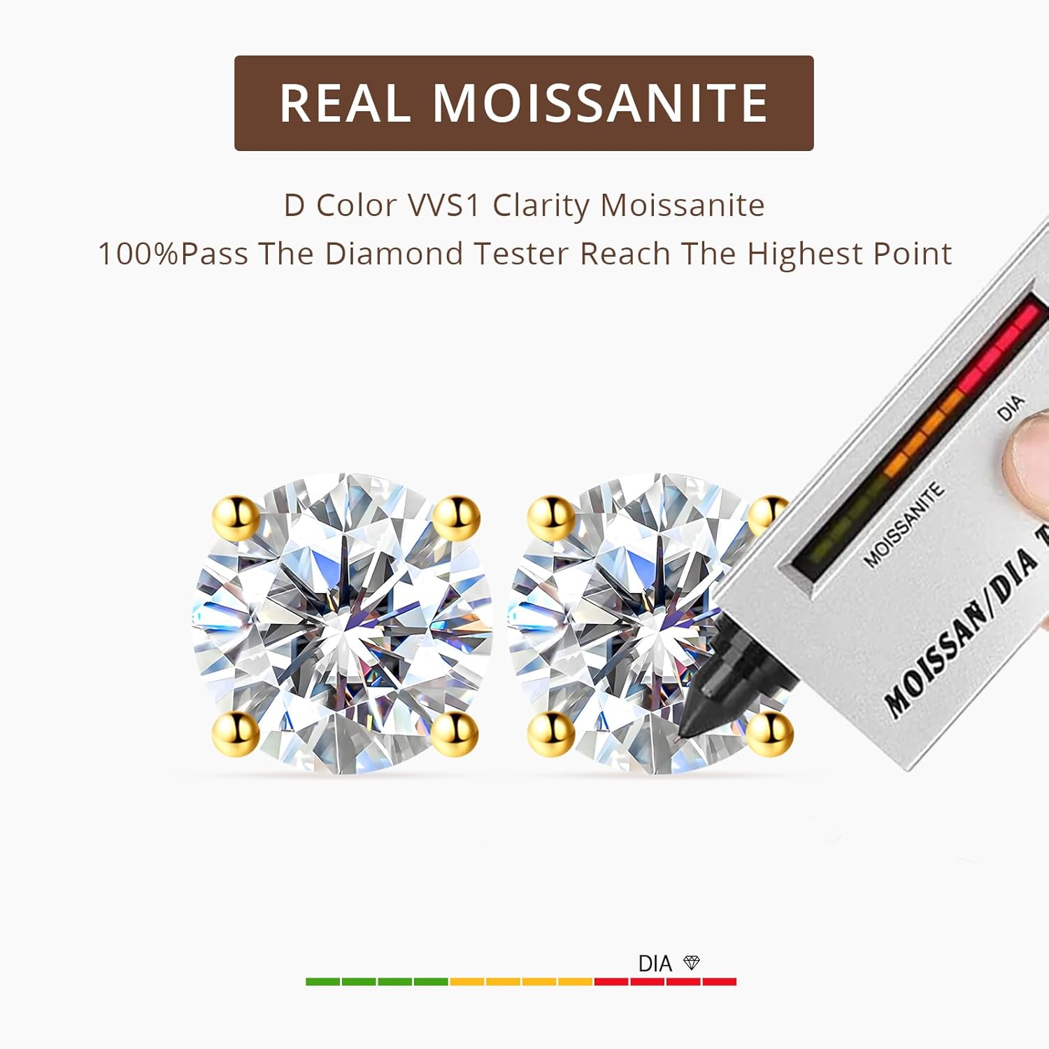 Moissanite Stud Earrings for Women, Hypoallergenic White Gold/14K Gold Plated 925 Sterling Silver Flat Back Studs D Color VVS1 Round Cut Cartilage Helix Piercing Anniversary Jewelry Gifts