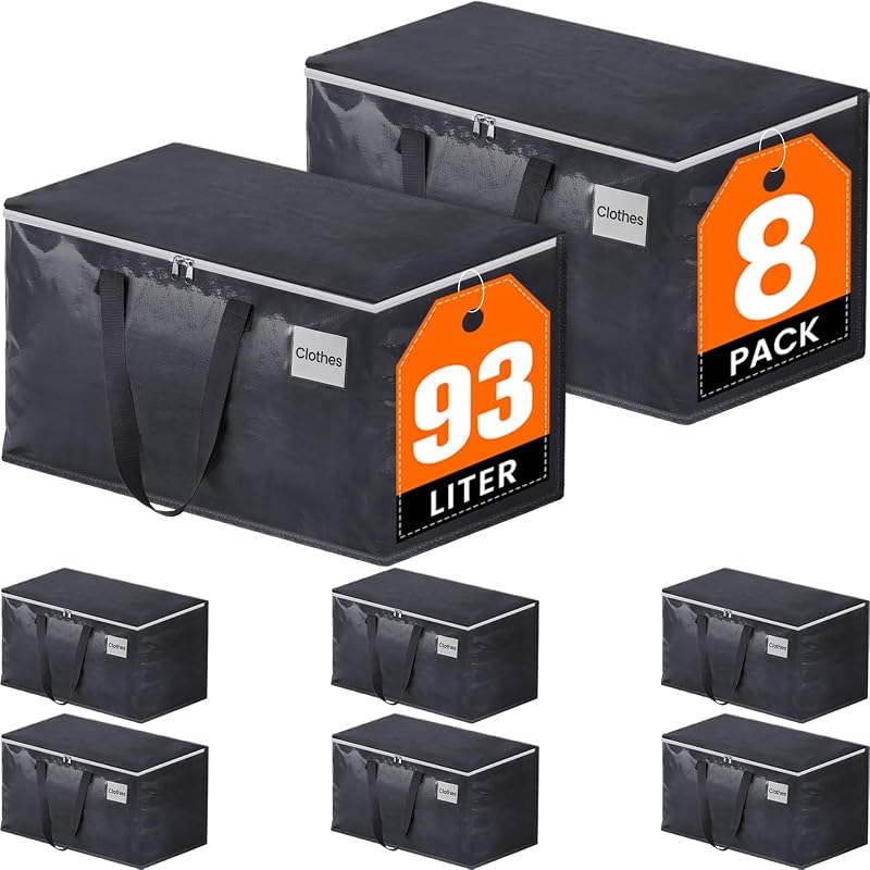 Heavy Duty Moving Bags, 93L Collapsible Storage Totes, 8-Pack | Woven Polypropylene Bags, Dual Zippers, Reinforced Handles, Clear Tag Pockets & Foldable Design, Totes for Packing & Moving
