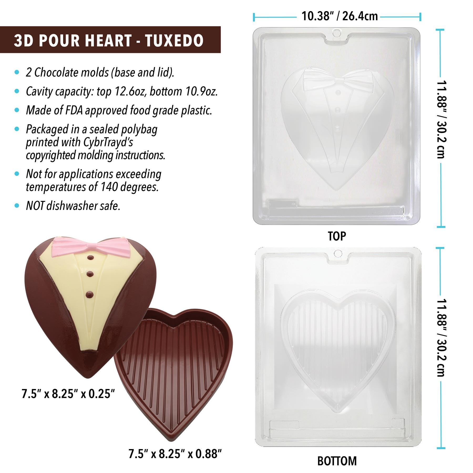 Cybrtrayd V301AE - Stampo per cioccolatini 3D con istruzioni e kit a 2 pezzi, per versare il cuore e lo smoking