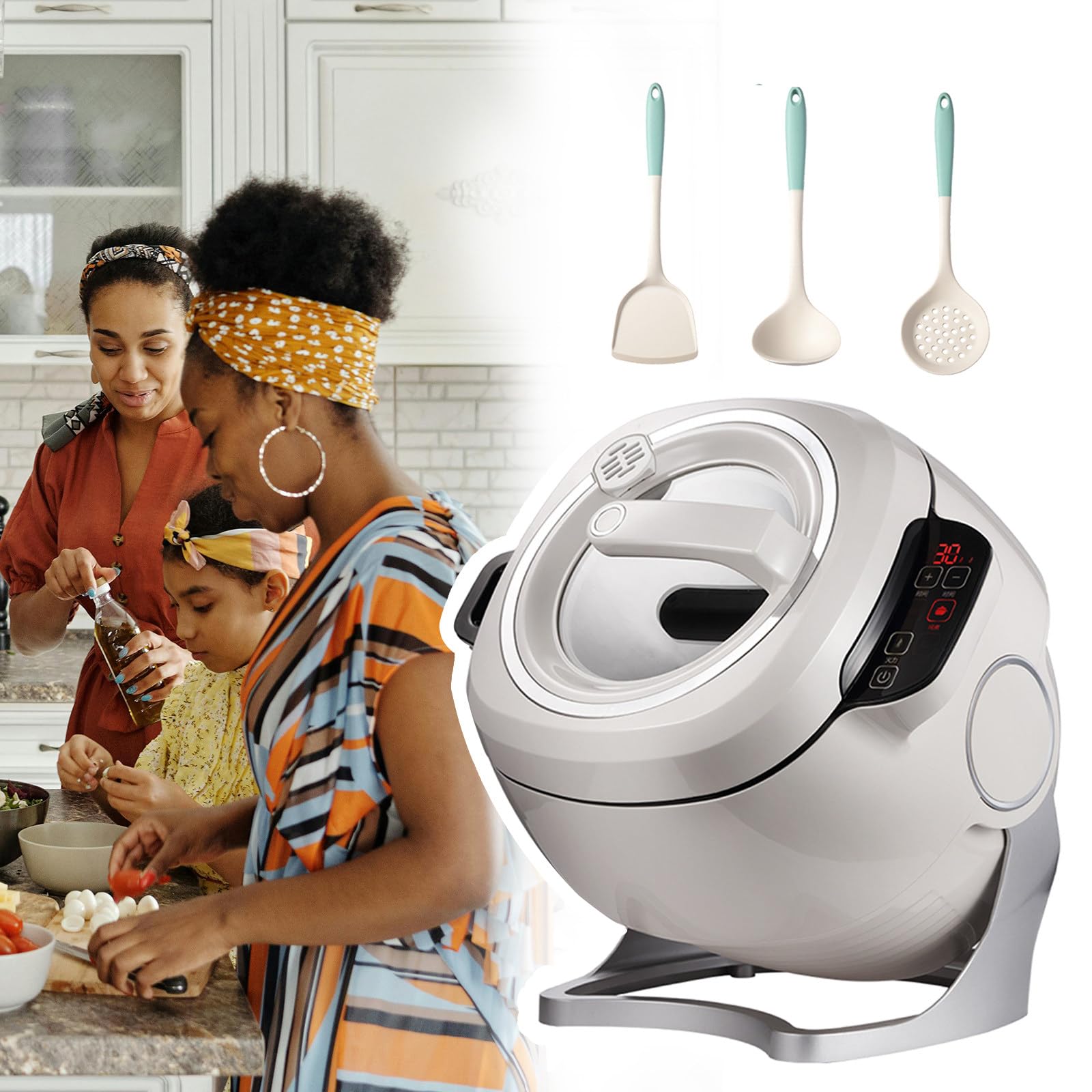 Macchina automatica per riso fritto, rotazione a 360°, stile tamburo per mescolare e stufare, include 3 utensili da cucina per una comoda preparazione dei pasti