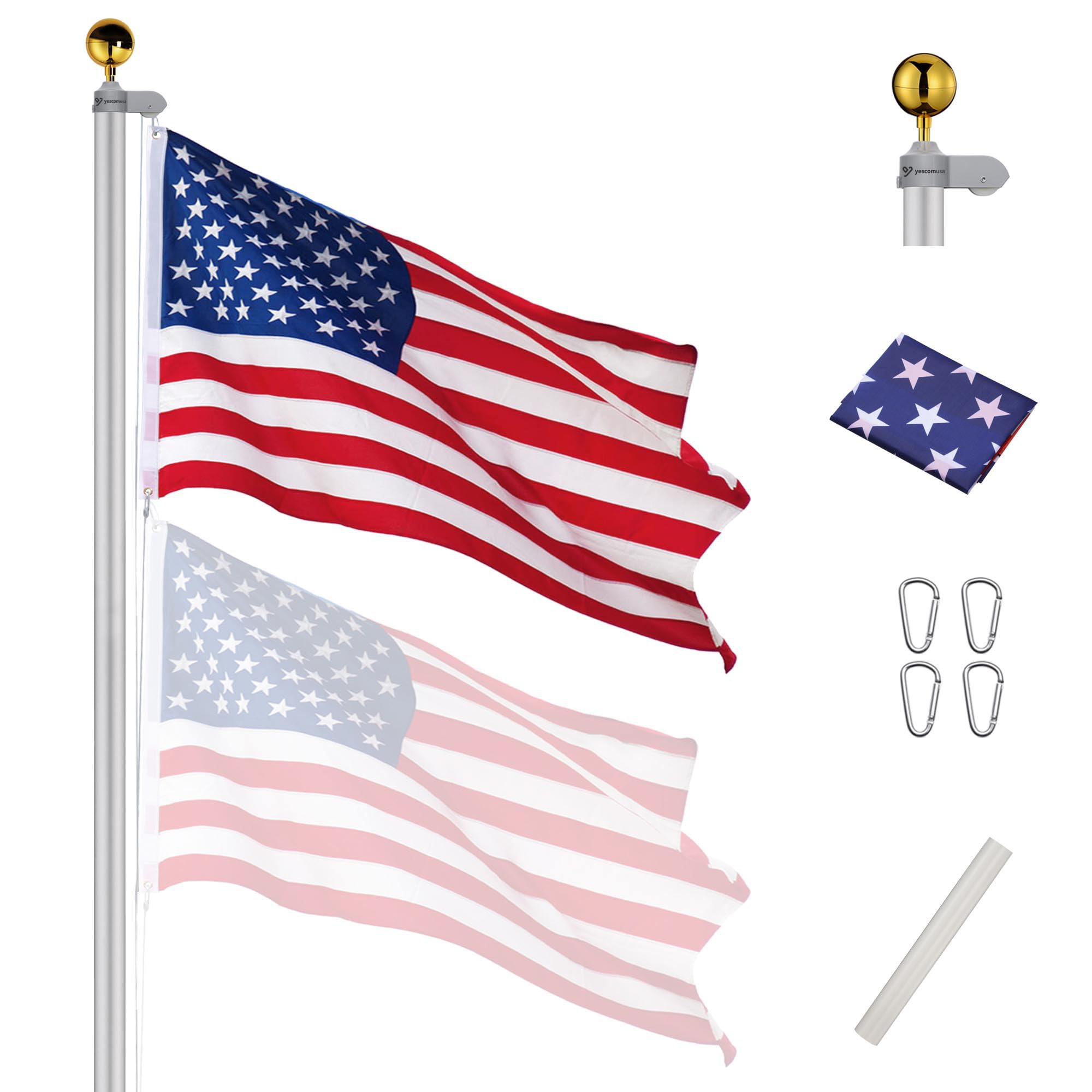 Yescom 20ft Aluminum Sectional Flagpole Kit 5 Sectional Fly 2 Flags 3'x5' US American Flag Gold Ball Kit Outdoor Yard Garden