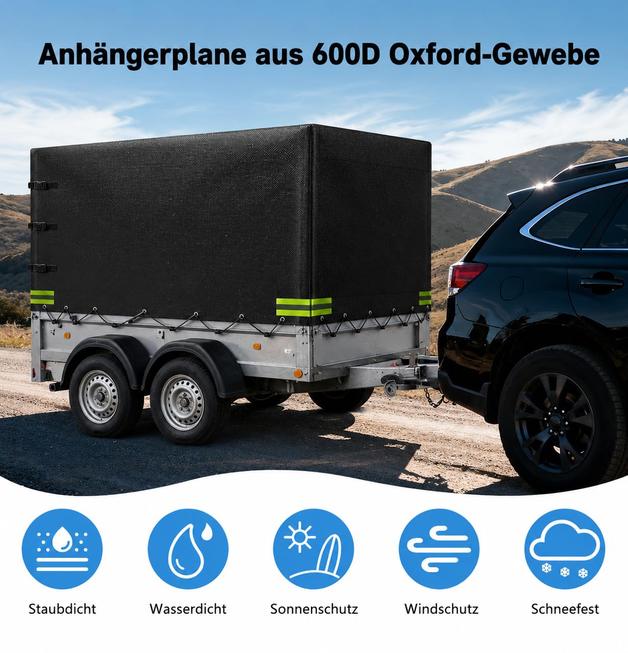 Anhängerplane Hochplane 210 x 114 x 90 cm, mit reflektierenden Streifen, Wasserdicht, UV-beständig & strapazierfähig, PKW-Anhänger Abdeckung aus Oxford-Gewebe für die meisten Anhängermodelle