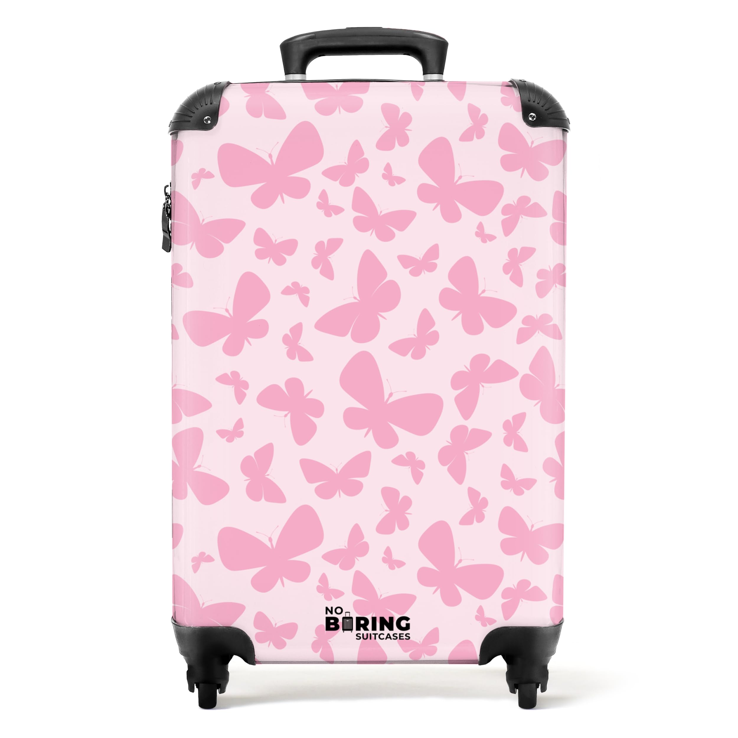 NoBoringSuitcases.com Maletas para Niños, Maleta Niña con Ruedas, Maleta Mano Niña, Maletas, Trolley, Maleta Viaje Niña, Equipaje de Mano (Patrón de Mariposas Rosas - Rosa Claro, 55x40x20 cm)
