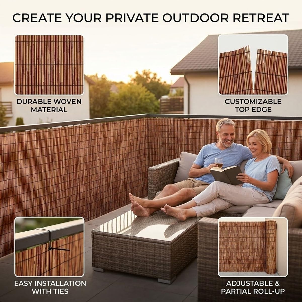 Arella in Canniccio Naturale Frangivisto da Esterno, Stuoia Ombreggiante e Copertura Privacy per Recinzione Giardino, Frangivento Decorativo per Balcone e Terrazzo(183x500cm(6x16.4ft))