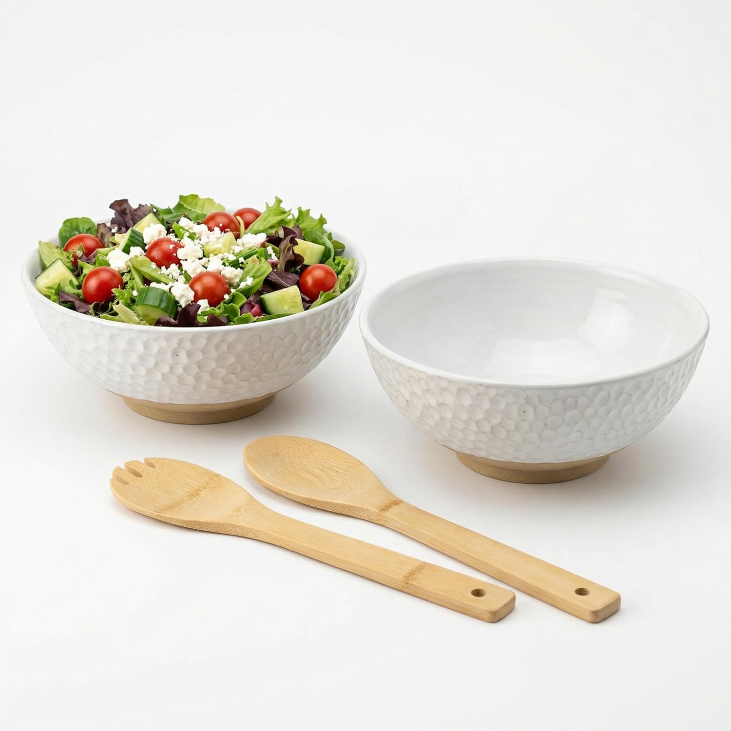 Large Ceramic Dinner Bowl Set - 2-Piece Handmade Salad Bowl Set, 58 oz Each, Dishwasher and Oven Washable, Vanilla White 9.5”