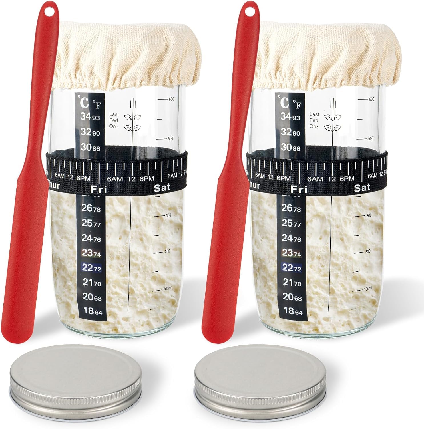 celtty 2-Pack Sourdough Starter Jar 730ml (24oz), Glass Sourdough Starter Kit with Date Feeding Band, Thermometer, Cloth Cover & Metal Lid – Reusable Bread Baking Supplies for Home Baking