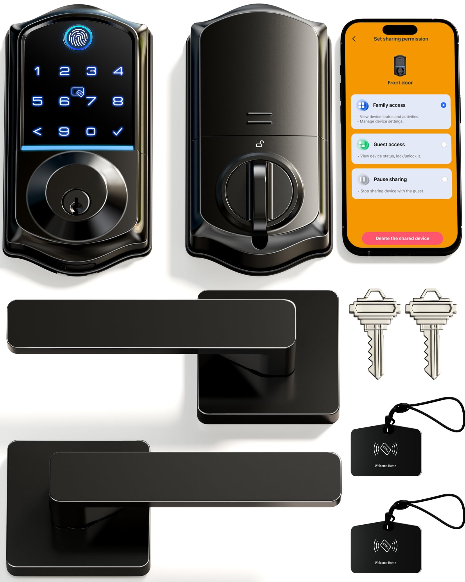 Veise VE017-B Fingerprint Smart Lock for Front Door, App Control, 7-in-1 Keyless Entry Deadbolt with 2 Zinc Alloy Lever Handles Set, Emergency Power Port, Auto Lock, Electronic Keypad, Black