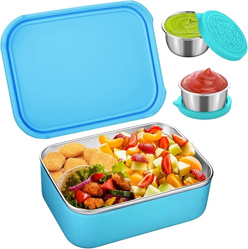 Lonchera Bento, caja Bento de acero inoxidable con compartimentos extraíbles y 2 tazas de salsa, apta para lavavajillas, congelador, libre de BPA,