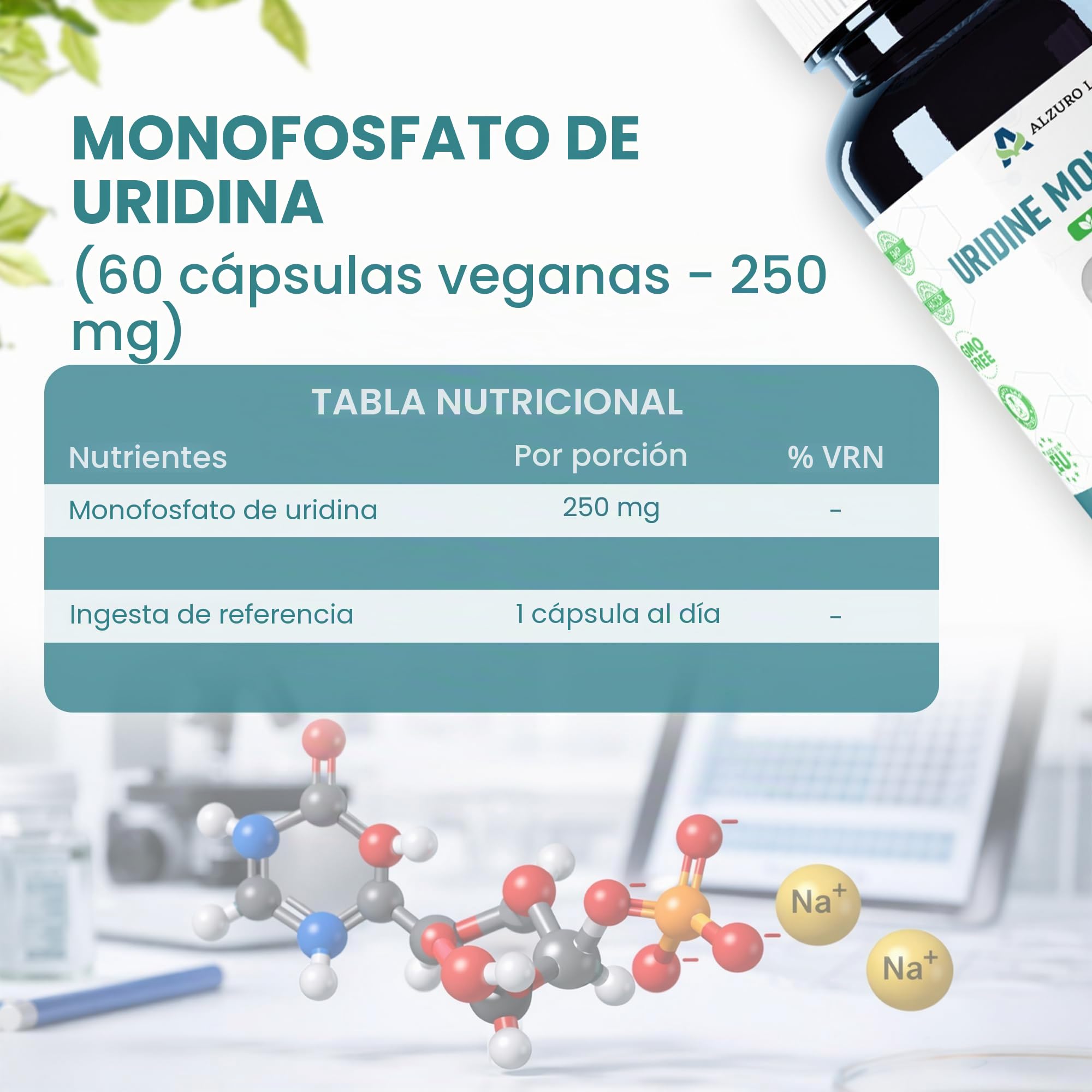 Uridina Monofosfato | 250 mg | 60 Cápsulas Veganas | Apoyo a altas dosis de cerebro, memoria y sistema nervioso | Suministro de 2 meses | GMP & Probado por Laboratorio Independiente
