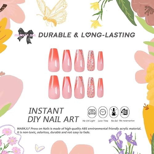 Miniatura 2 de Uñas postizas a presión de color rosa con punta francesa de ataúd MABKJLF de cobertura completa, degradadas, uñas postizas brillantes con diseños de