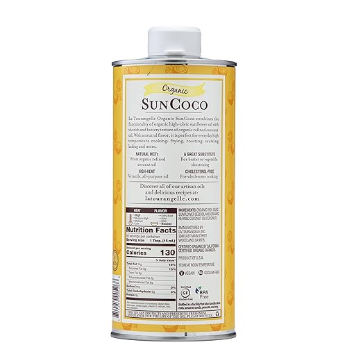 Vista 2 de La Tourangelle, Aceite de coco orgánico, mezcla única de aceite de girasol orgánico alto en oleico y aceite de coco refinado orgánico, cocina