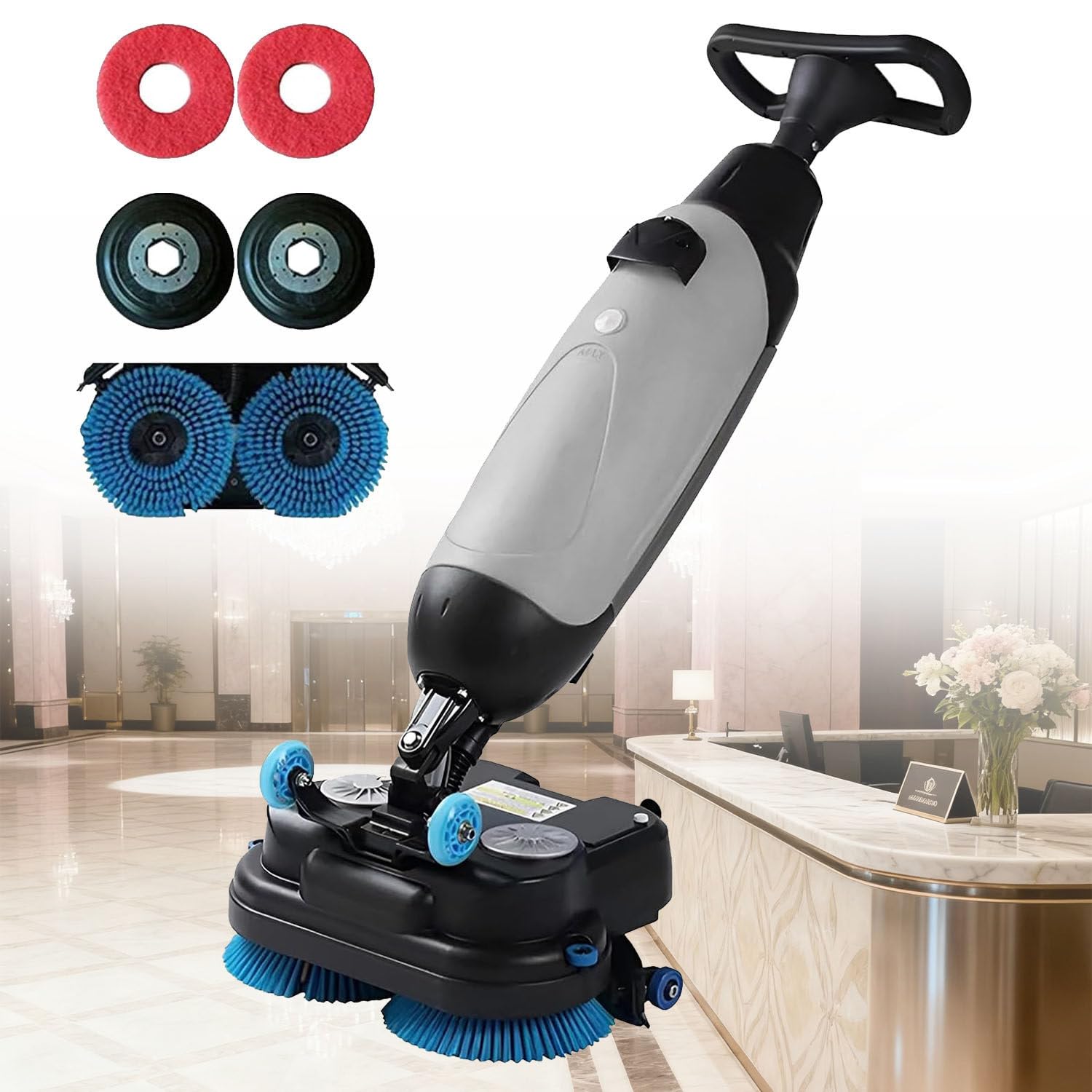 Mini Fregadora De Suelos, Máquina De Limpieza Portátil Comercial De 43 Cm De Ancho, Cobertura De 1200 M²/H Y Velocidad De 360 ​​rpm Para Grandes áreas Como Centros Comerciales, Restaurantes Gray