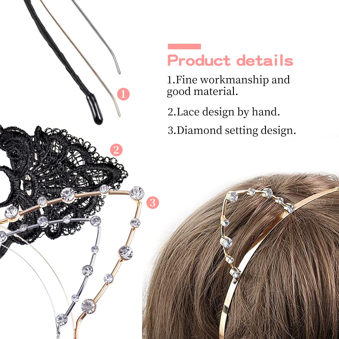 3 Pezzi Cerchietto Orecchie Gatto, FUKPO Cerchietto per Capelli Gatto Cerchietto Pizzo Nero Donna Ragazze, Cerchietti Orecchie Gatto Metallo in Cristalli Strass Oro Argento Accessori Festa Carnevale