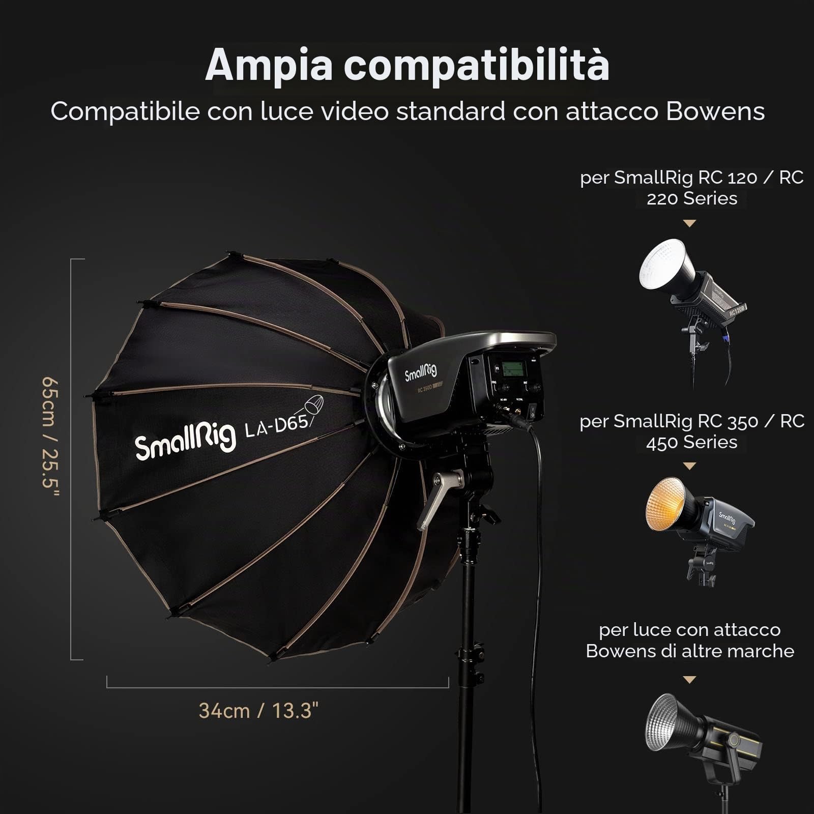 SMALLRIG Softbox Parabolico 65cm LA-D65 Softbox a Sgancio Rapido per Luci COB Bowens Mount - 4157