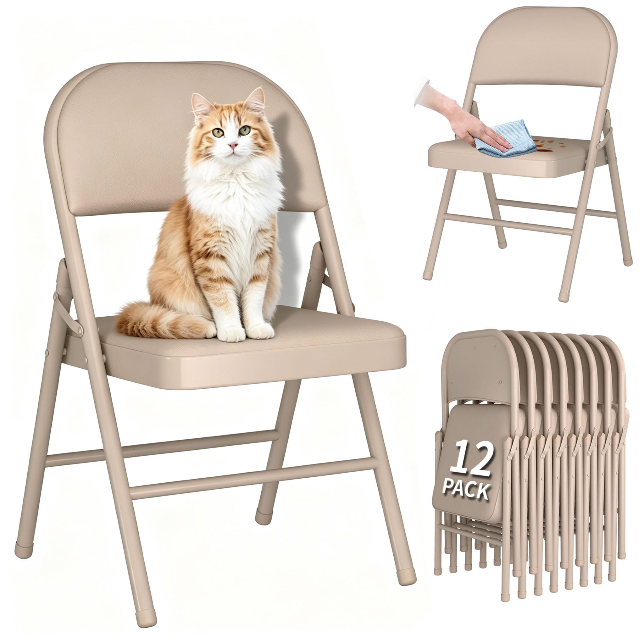 Folding Chairs Set of 12 Foldable Desk Chairs Faux Leather Padded Cushioned Seat Metal Frame Max 145KG Guest Seating Temporary Event Hall Seating Easy Store Kitchen Office Dining Chair Indoor, Beige