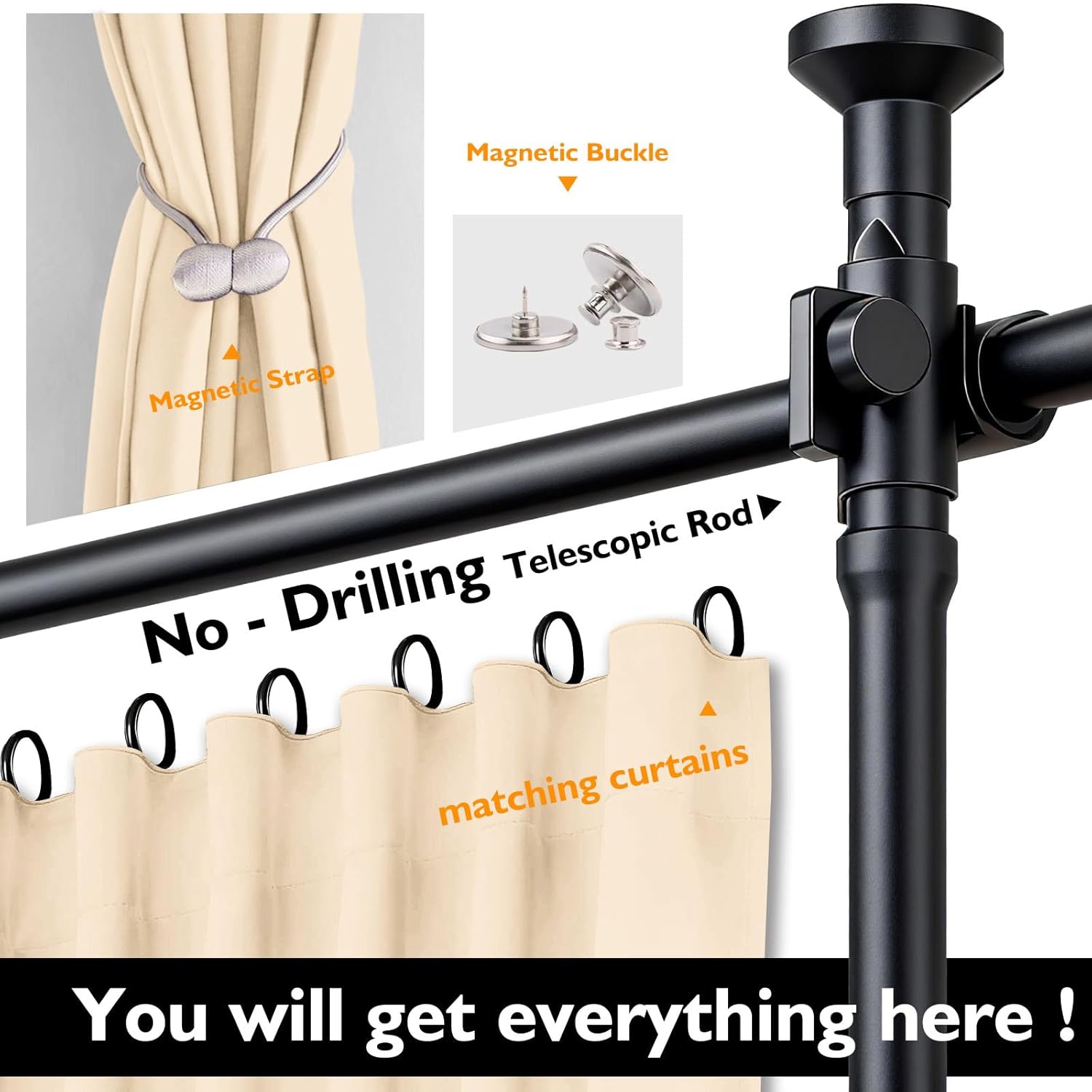 Room Divider Curtain Set-No Drilling Curtain Rod Set, Retractable Room Divider, Adjustable for Office Bedroom, Easy Install Beige-100 W x 84" L(Pack of 1)
