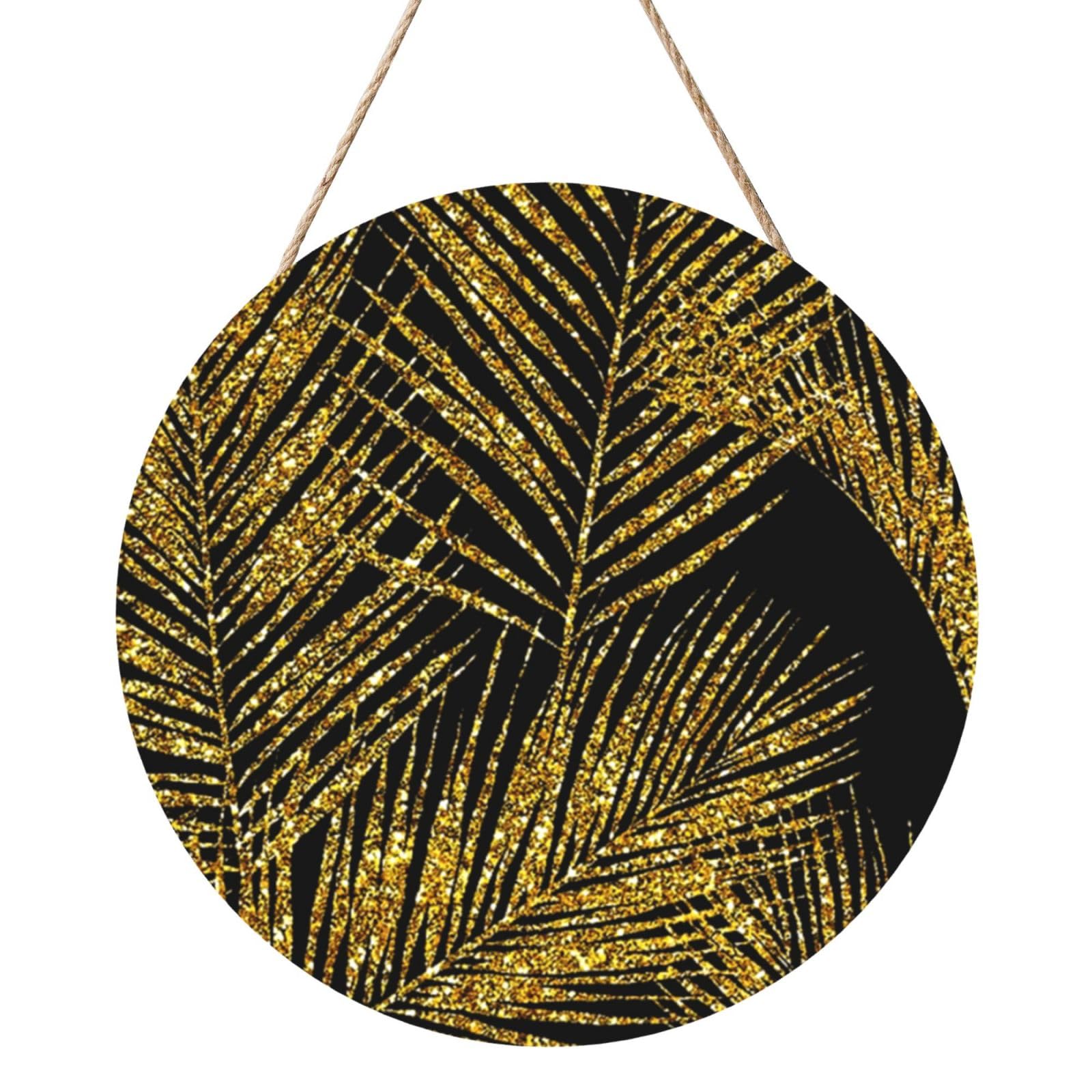 InOmak Gold Glitter Palm Leaves, Round Wood Panel Painting 12 in, Wall Hanging Painting For Home
