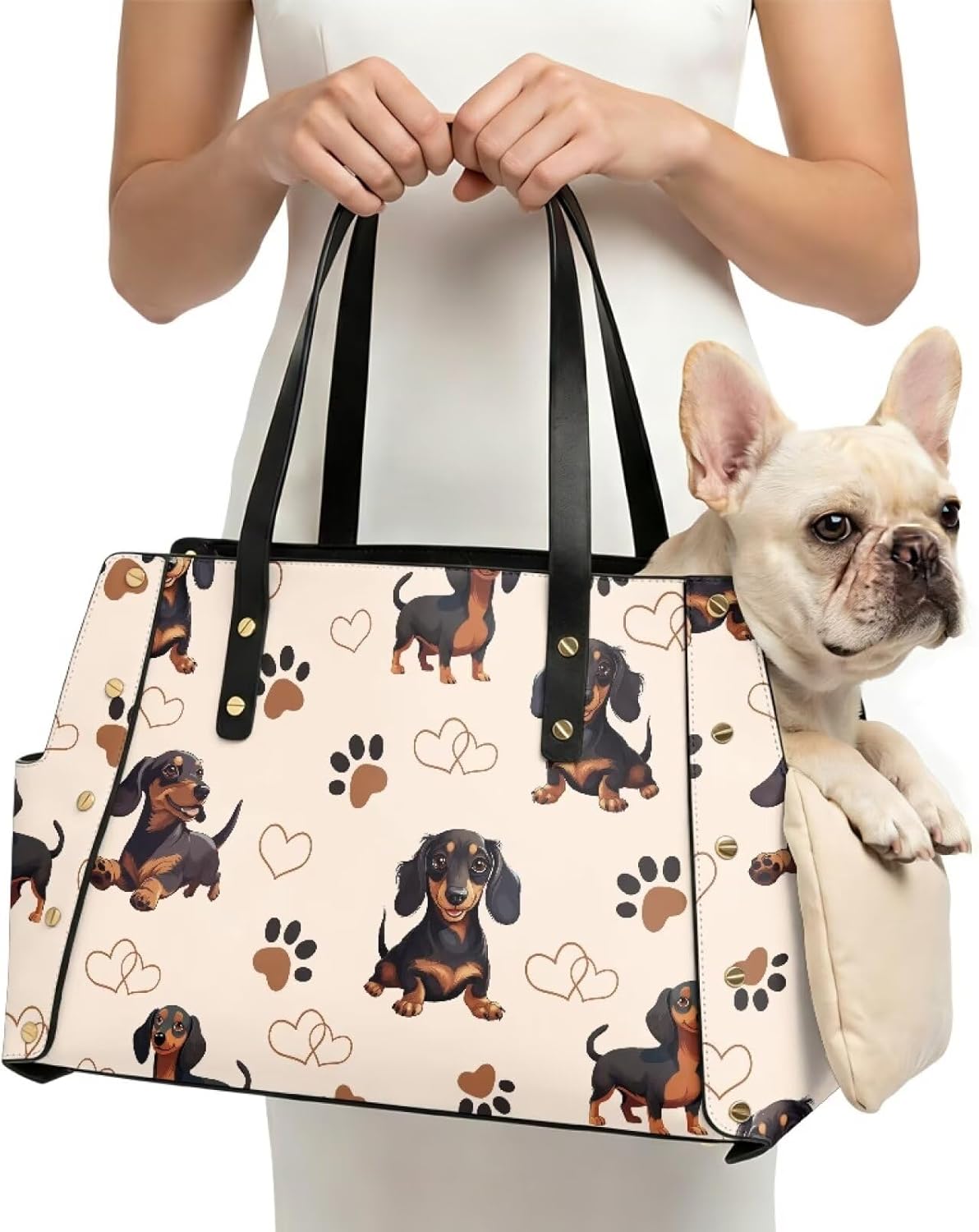 COEQINE Dog Sling Carrier 10 Ibs Lightweight Dachshunds Paw Prints Beige Soft Leather Sling Bag Pet Carry Handbags for Outdoor Travel
