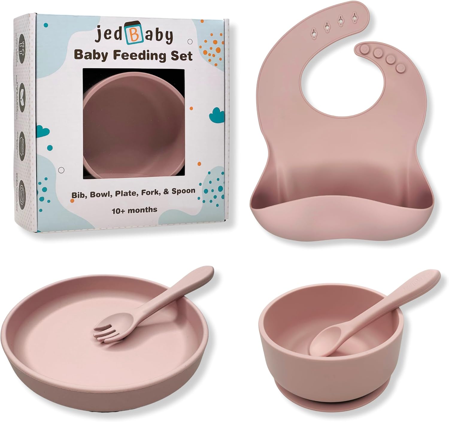 Jedbaby Feeding Set 5pcs (Bib, Plate, Bowl, Fork, Spoon) - Safe, 100% Food Grade Silicone, for Babies & Toddlers 10M+ (Pink)