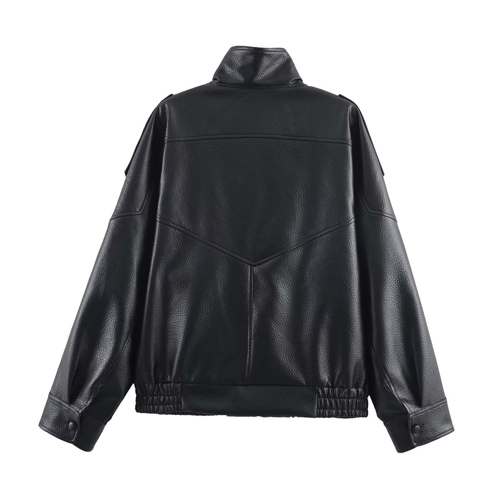 Generisch Chaqueta de piel para mujer, retro, cuello alto, abrigo corto, chaqueta de piel sintética, moderna para otoño e invierno, manga larga, abrigo de moto, chaqueta de entretiempo, chaqueta