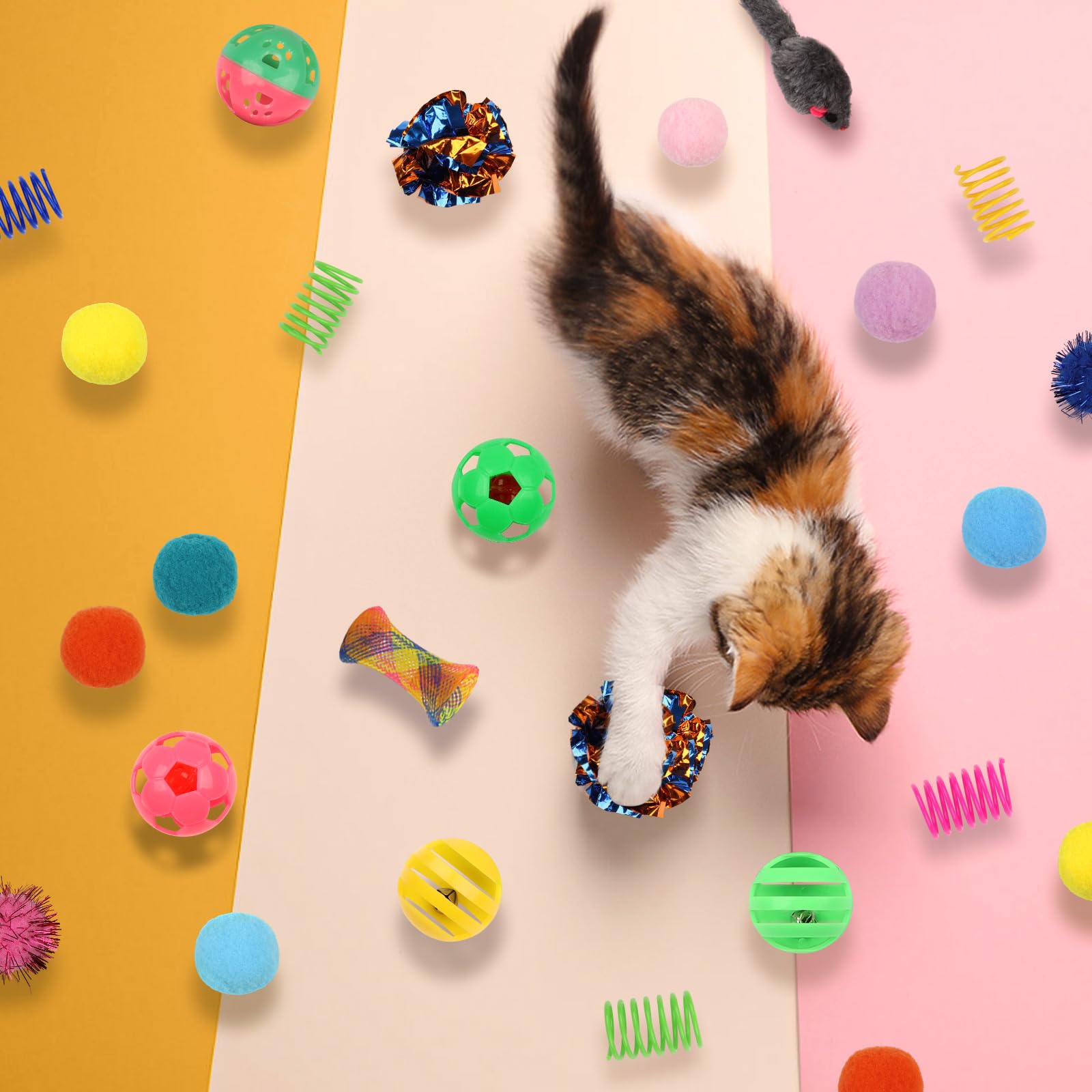 QUOZUO Juego interactivo para gatos, 60 resortes, bolas brillantes, juguetes de ratón, bolas arrugadas y pompones para gatitos