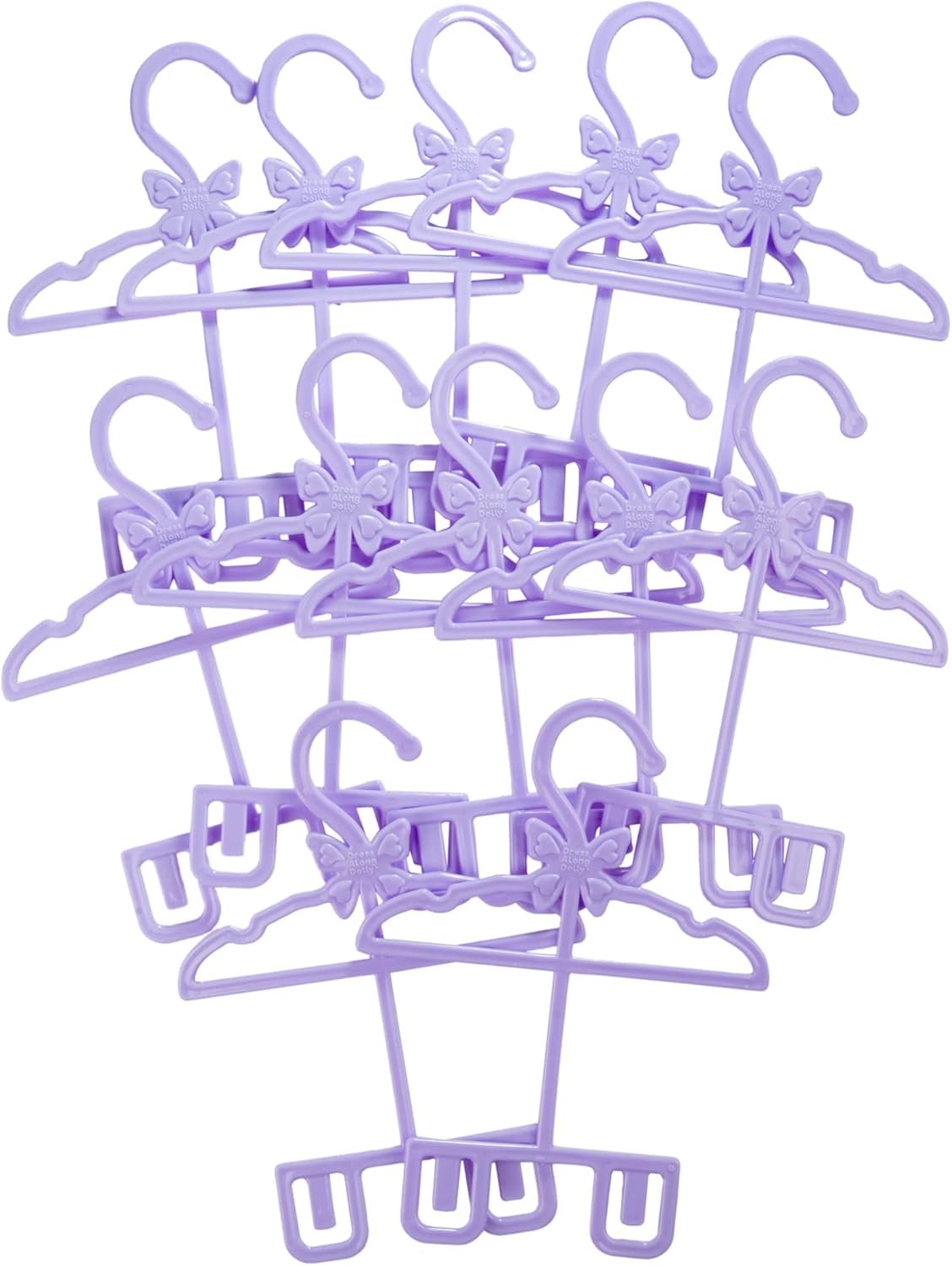 Dress Along Dolly Doll Full-Outfit Clothes Hangers for 18" Dolls - 12pk - Compatible w American Girl- Unique Design Holds Your Top & Bottom at Once Including Dresses, Pants, Shirts, Skirts- Purple