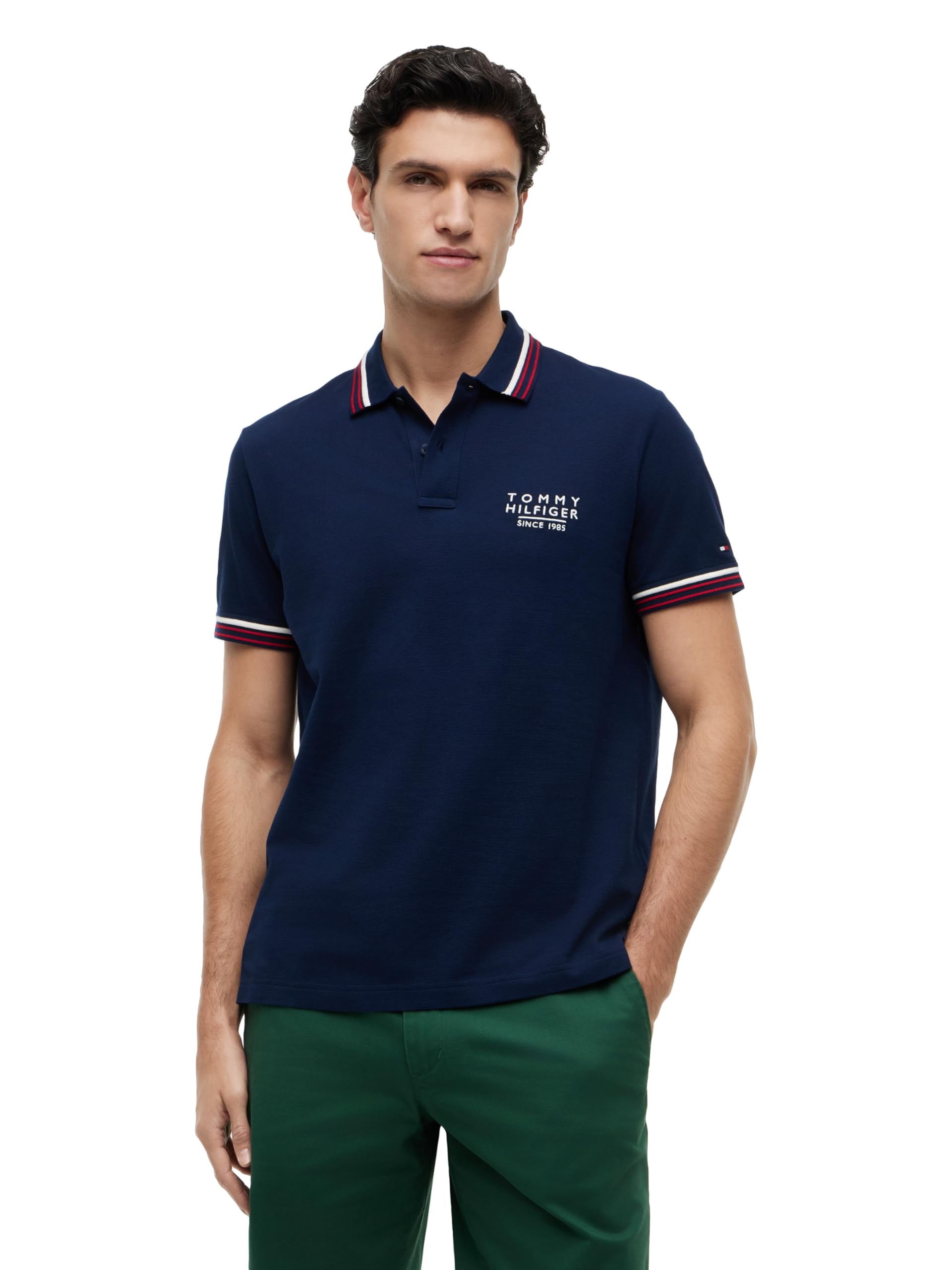 Men's Short Sleeve Casual Cotton Polo Shirts in Regular Fit with Contrast Collar and Cuffs