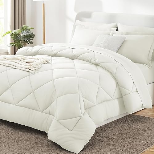 CozyLux Queen Comforter Set Ivory - Bed in a Bag Queen Size 7 Pieces, Luxury Soft Bed Set for All Seasons, Bedding Set with Down Alternative Comforter, Sheets, Pillowcases & Shams