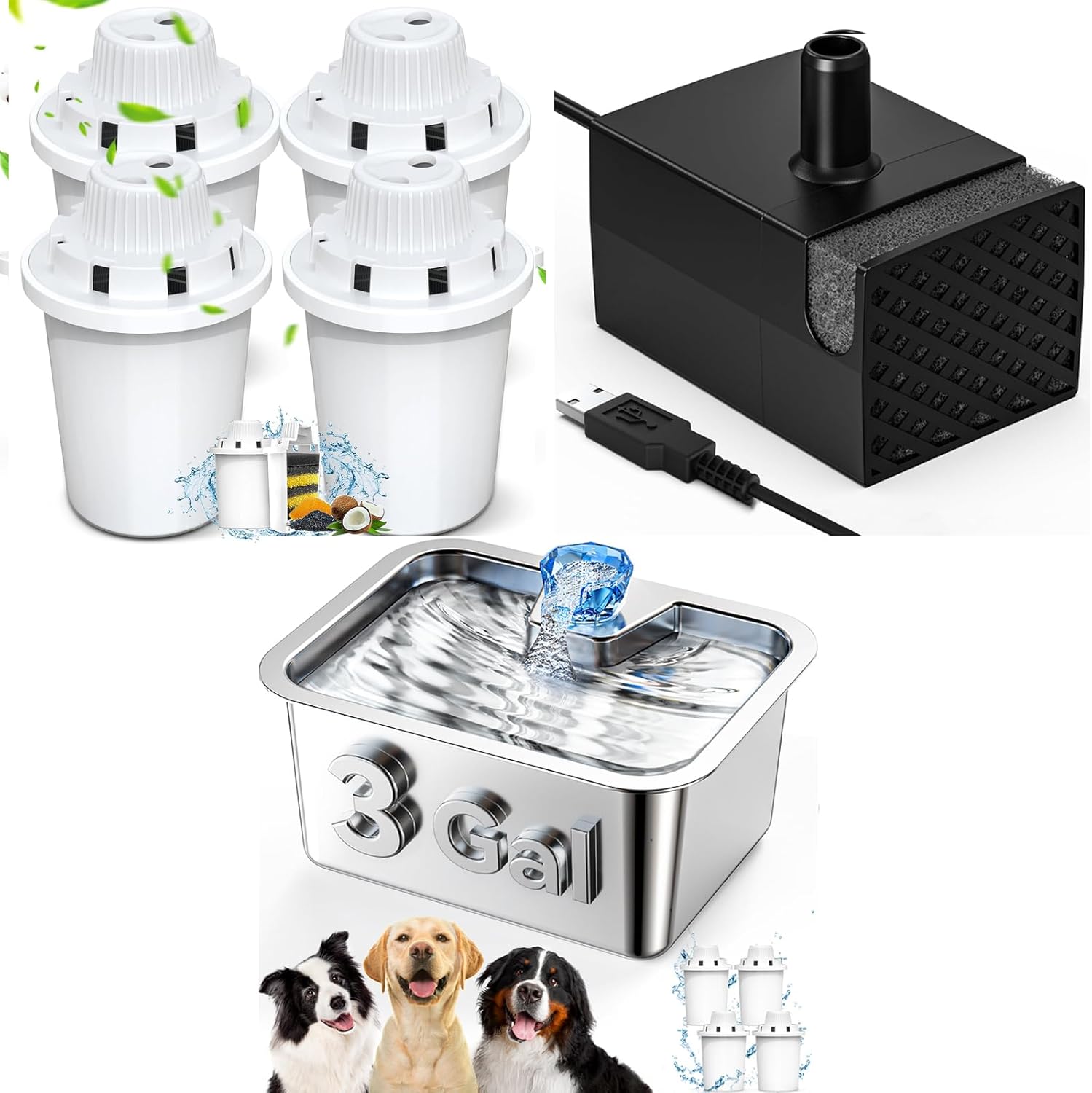 Large Dog Water Fountain Dispenser - 3 Gallon Stainless Steel Pet Water Fountain with 8 Filters 2 Pumps for Large Dogs, Automatic Dog Water Bowl Dispenser Drinking for Multi-pet