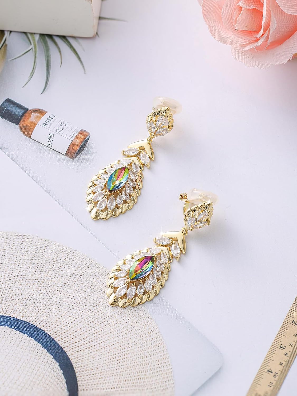 Clip On Crystal Dangle Non Pierced Earrings for Women 14K Gold Plated Jewelry - Image 5