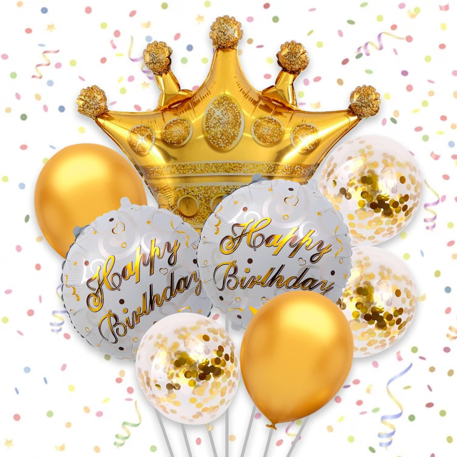 Party Propz Elegant Birthday Decoration Items - 8 Pcs Golden Balloons for Birthday | Crown Foil Balloon | Foil Balloons for Birthday Decoration | Happy Birthday Foil Balloon | Gold Confetti Balloons