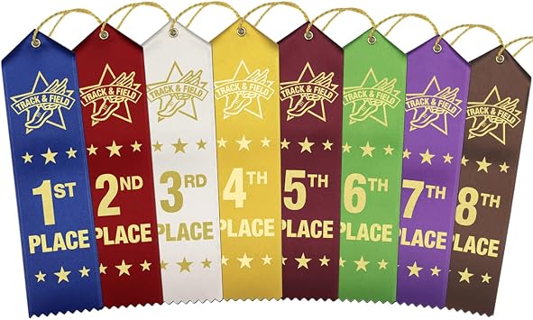 RibbonsNow Track & Field Ribbons 1st - 8th Place, 400 Total Ribbons - 50 Each Place with Card & String