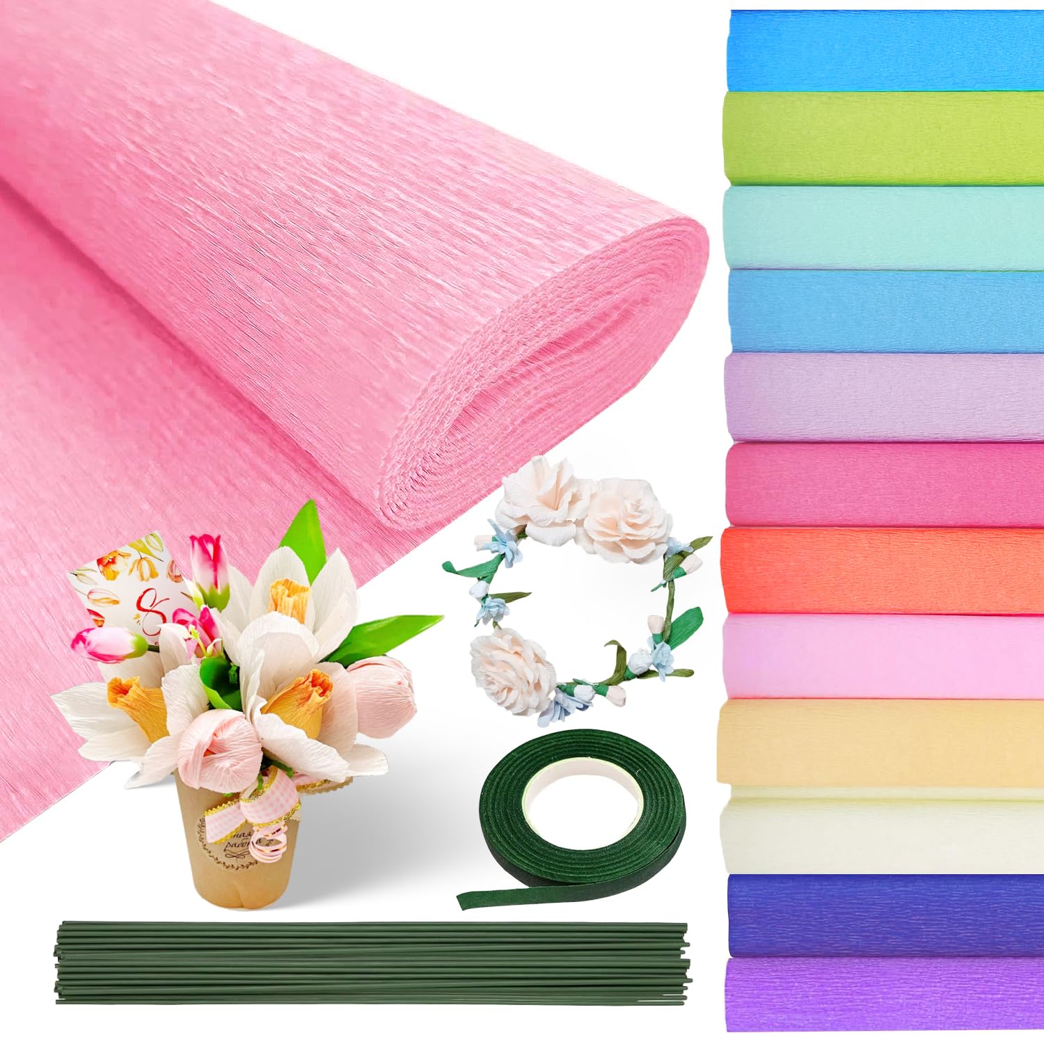 12 Rolls 25x250cm Crepe Paper Roll Crepe Paper for Flower Making with Floral Tape and Iron Wiree for DIY Flowers Crafts Festivals Party Supplies (12 Colours) 12pcs krepppapier