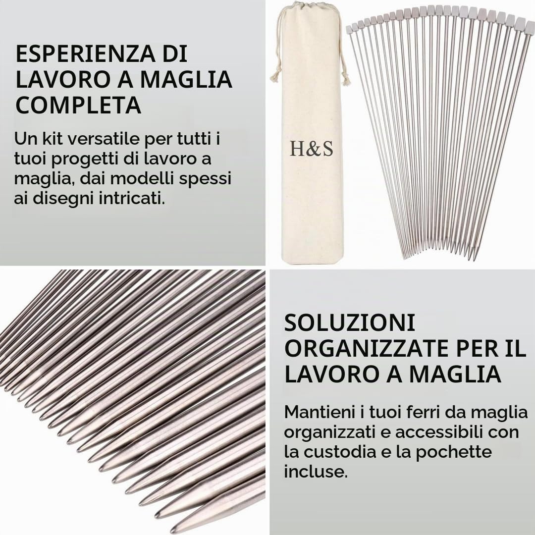 H&S® - Set da 11 paia di ferri da maglia in acciaio inox a punta singola (36 cm) 2,0mm, 2,5mm 3,0mm 3,5mm 4,0mm 4,5mm 5,0mm 5,5mm 6,0mm 7,0mm 8,0mm, con custodia