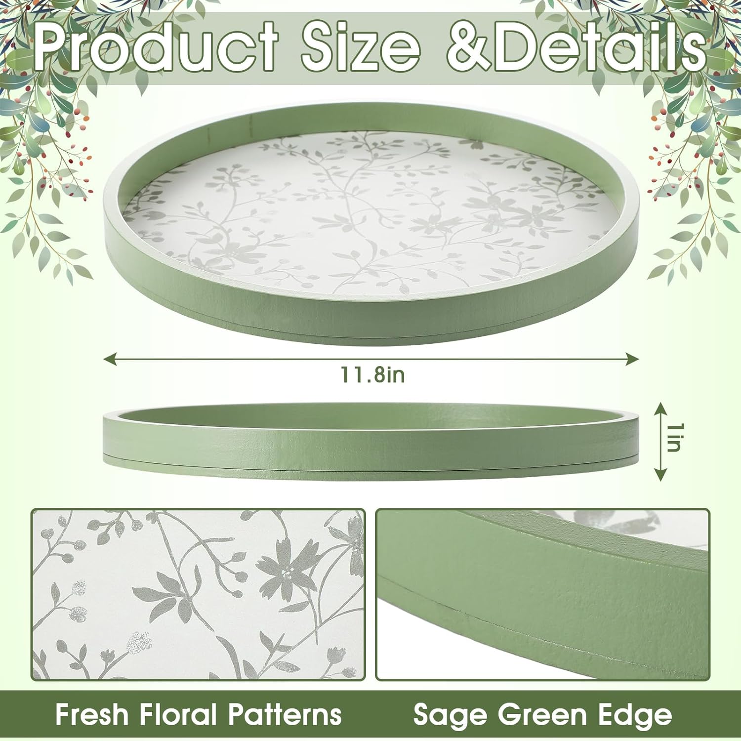 Novabright Sage Green Wooden Serving Tray, Round Boho Cottagecore Tray for Coffee Table, Decorative Farmhouse Plate for Fruit, Bread, Dining Room & Entryway