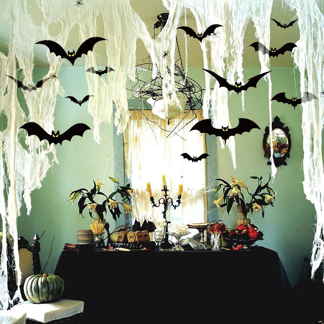 24pcs Halloween Hanging Bats Decorations Outdoor, Halloween Bats Outdoor Decor, 4 Different Sizes with Glowing Eyes for Outside Tree Yard Porch Party Decor