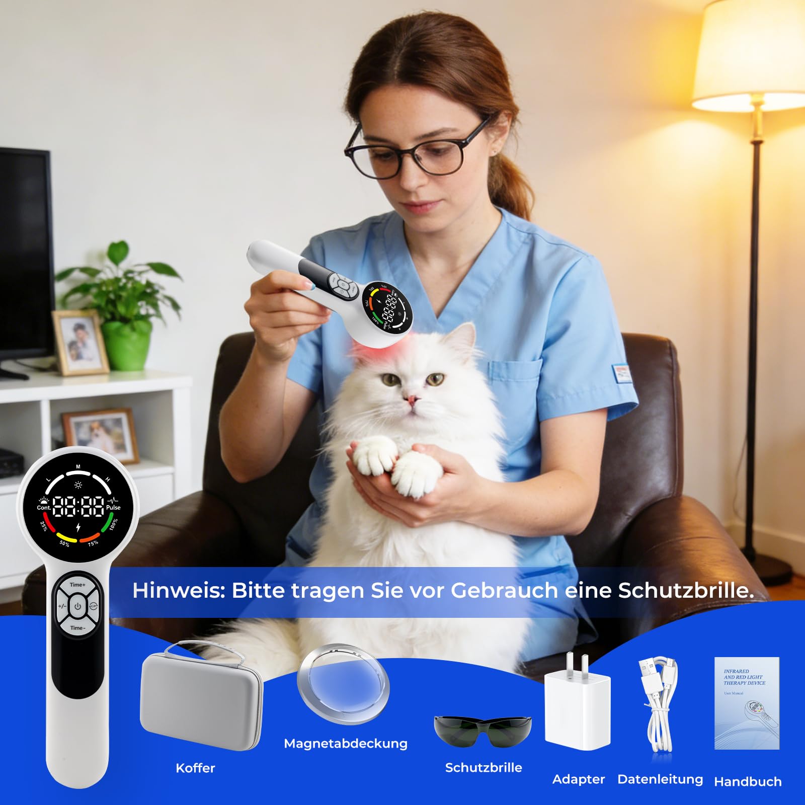 8 * 808nm & 16 * 650nm Kaltes Rotlicht Handgerät, 5200-mAh-Akku Infrarot Lasertherapie für Hunde mit 2 Modi, Tragbares Rot Lichttherapiegerät für Haustier Hüft, Pferde Muskel, Katzen Gelenkarthritis